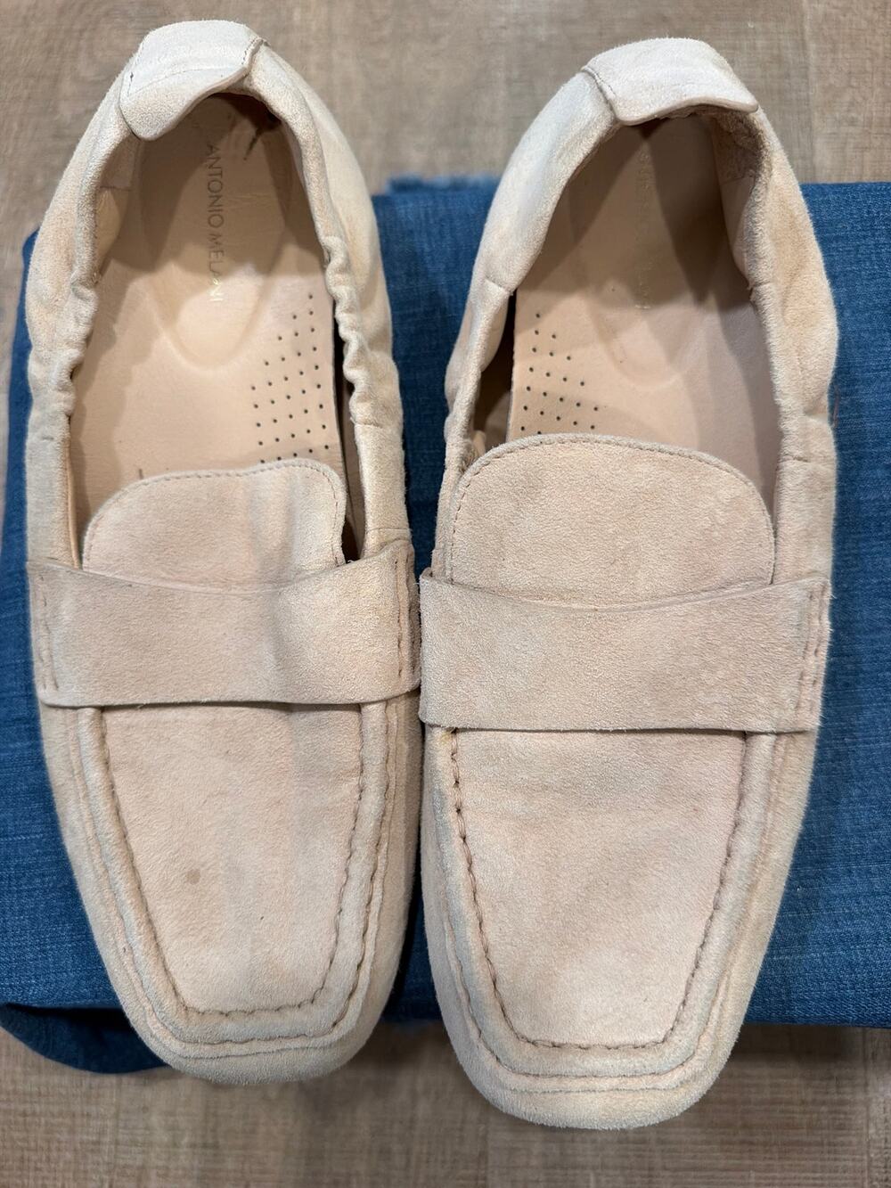 These Antonio Melani shoes are beige suede loafers